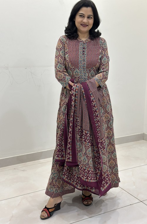 Pure Cotton Ajrak print Anarkali Style Suit in 2pc Set with Pure Cotton Dupatta - Wine