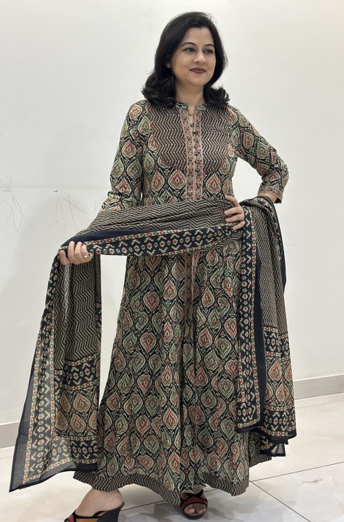 Pure Cotton Ajrak print Anarkali Style Suit in 2pc Set with Pure Cotton Dupatta - Black