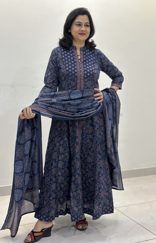 Pure Cotton Kalamkari print Anarkali Style Suit in 2pc Set with Pure Cotton Dupatta - Indigo