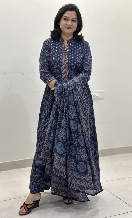 Pure Cotton Kalamkari print Anarkali Style Suit in 2pc Set with Pure Cotton Dupatta - Indigo