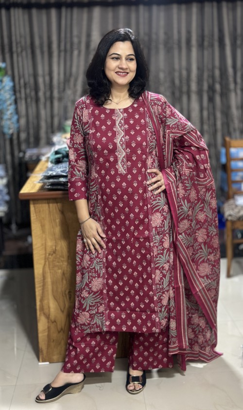 Pure Cotton Kalamkari & Hand Block Print Regular Style Suit with Pure Cotton Dupatta - Cherry Red