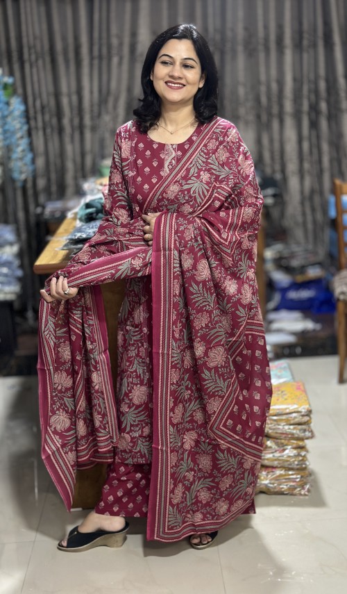 Pure Cotton Kalamkari & Hand Block Print Regular Style Suit with Pure Cotton Dupatta - Cherry Red