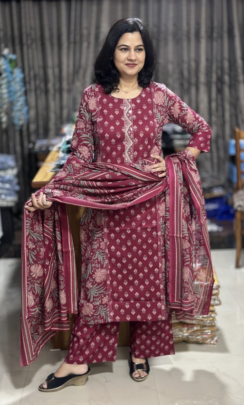 Pure Cotton Kalamkari & Hand Block Print Regular Style Suit with Pure Cotton Dupatta - Cherry Red