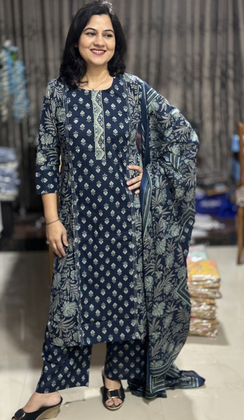 Pure Cotton Kalamkari & Hand Block Print Regular Style Suit with Pure Cotton Dupatta - Midnight Blue