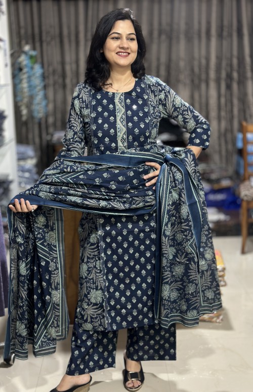 Pure Cotton Kalamkari & Hand Block Print Regular Style Suit with Pure Cotton Dupatta - Midnight Blue