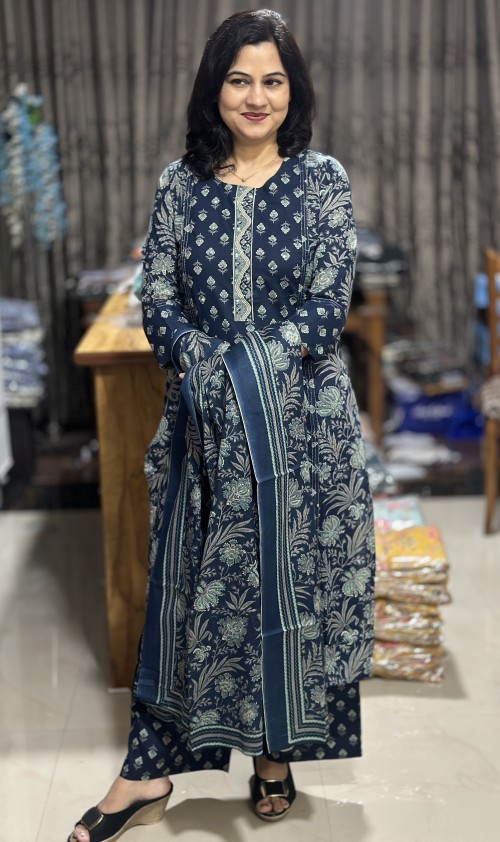 Pure Cotton Kalamkari & Hand Block Print Regular Style Suit with Pure Cotton Dupatta - Midnight Blue