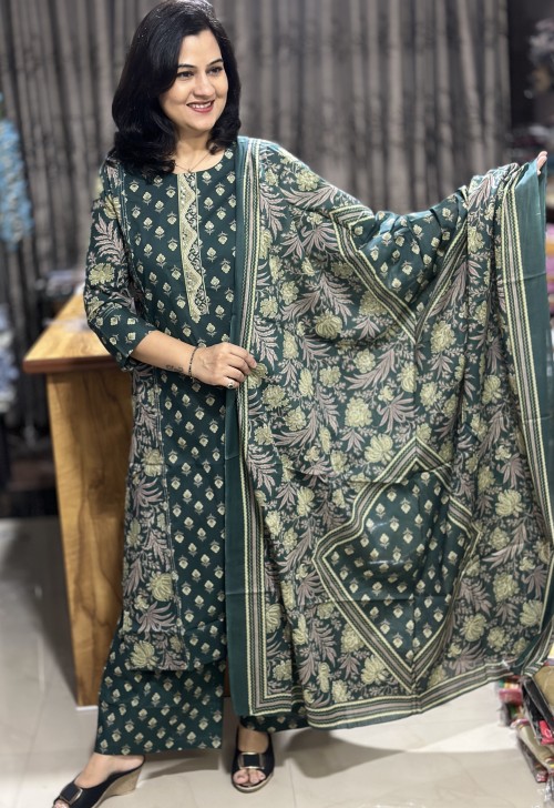 Pure Cotton Kalamkari & Hand Block Print Regular Style Suit with Pure Cotton Dupatta - Bottle Green