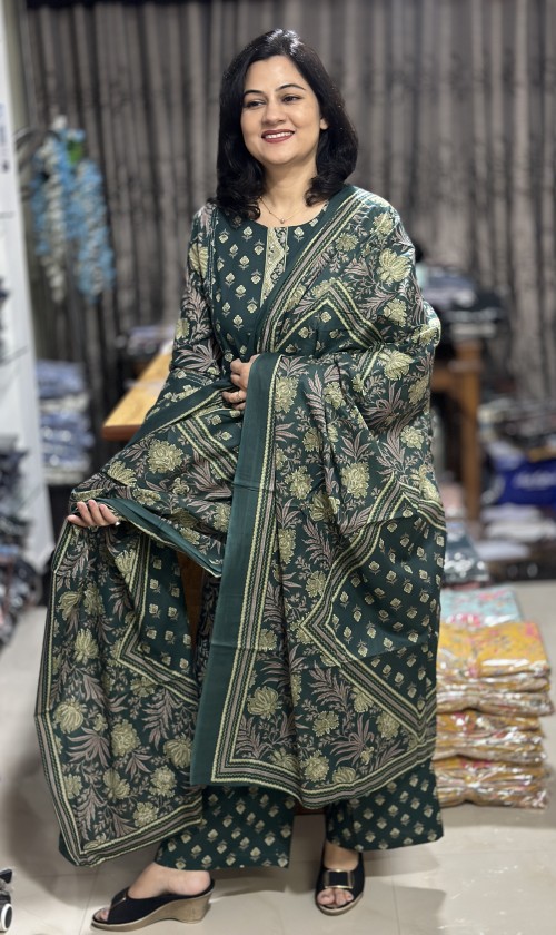 Pure Cotton Kalamkari & Hand Block Print Regular Style Suit with Pure Cotton Dupatta - Bottle Green