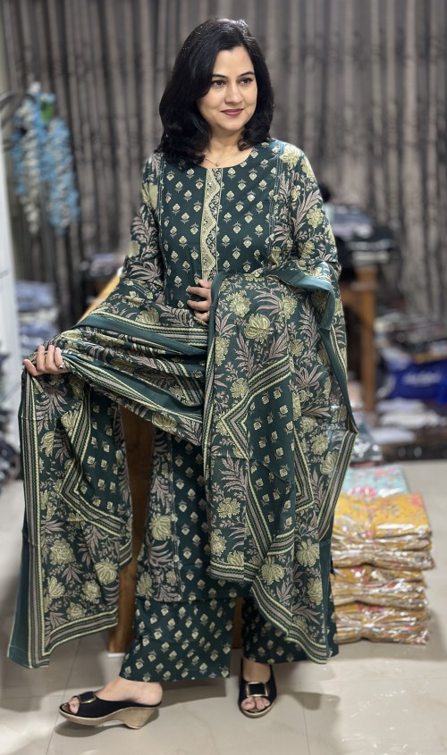 Pure Cotton Kalamkari & Hand Block Print Regular Style Suit with Pure Cotton Dupatta - Bottle Green