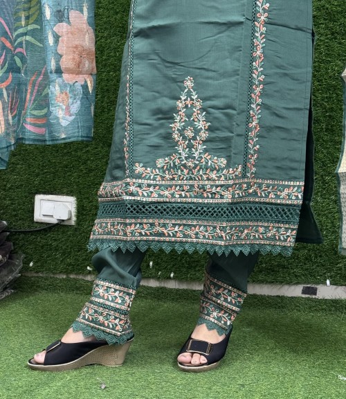 Silk Straight Style Suit in 3pc Set and Chanderi Silk Dupatta - Forest Green