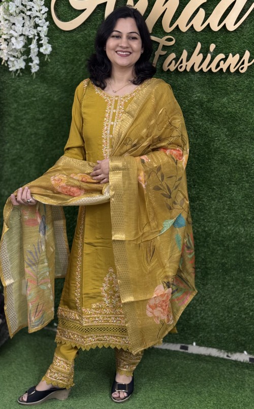 Silk Straight Style Suit in 3pc Set and Chanderi Silk Dupatta - Mustard