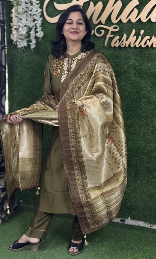 Maslin Silk Straight Style Suit in 3pc Set and Silk Dupatta - Mehndi