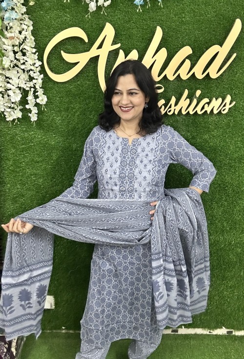 Pure Cotton Regular Pattern in 3pc Set with Straight Pant and Pure Cotton Dupatta - English Grey