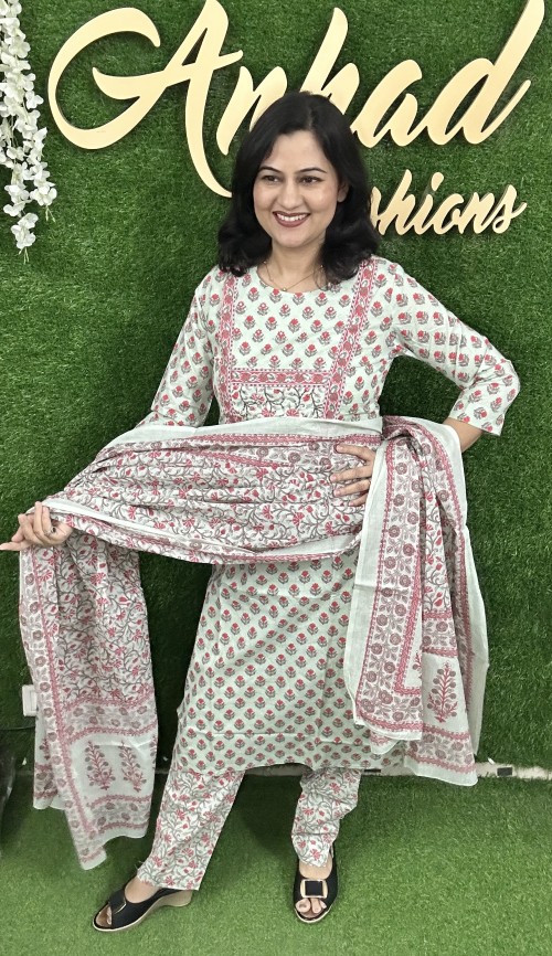 Pure Cotton Regular Pattern in 3pc Set with Straight Pant and Pure Cotton Dupatta - Pista