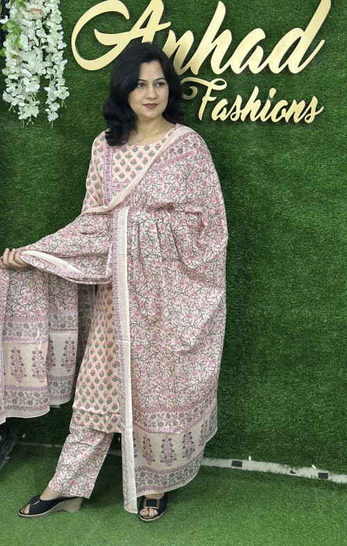 Pure Cotton Regular Pattern in 3pc Set with Straight Pant and Pure Cotton Dupatta - Nude Peach