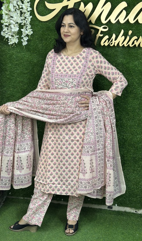 Pure Cotton Regular Pattern in 3pc Set with Straight Pant and Pure Cotton Dupatta - Nude Peach