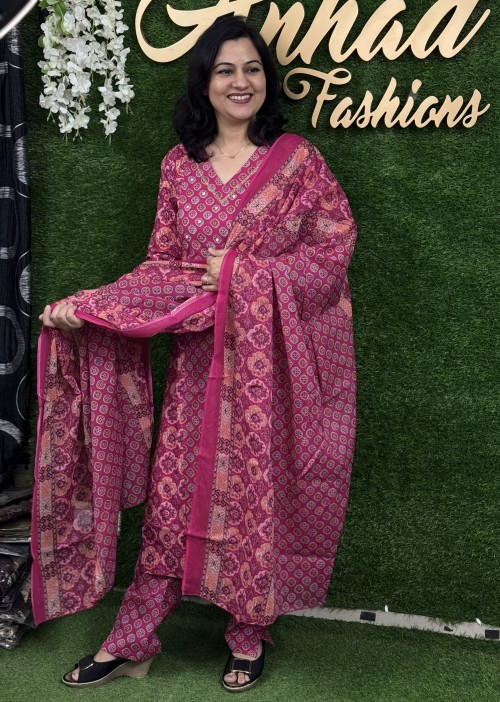 Pure Cotton kalamkari Print Regular Style Suit in 3pc Set & Straight Pant and Pure Cotton Dupatta - Hot Pink