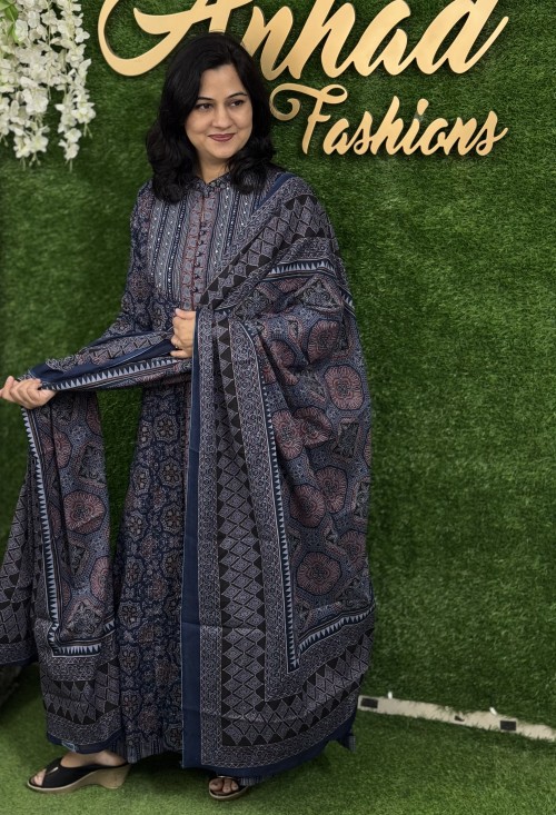 Pure Cotton Ajrak print Anarkali Style Suit in 2pc Set with Pure Cotton Dupatta - Indigo Blue