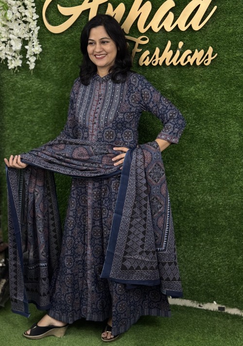 Pure Cotton Ajrak print Anarkali Style Suit in 2pc Set with Pure Cotton Dupatta - Indigo Blue