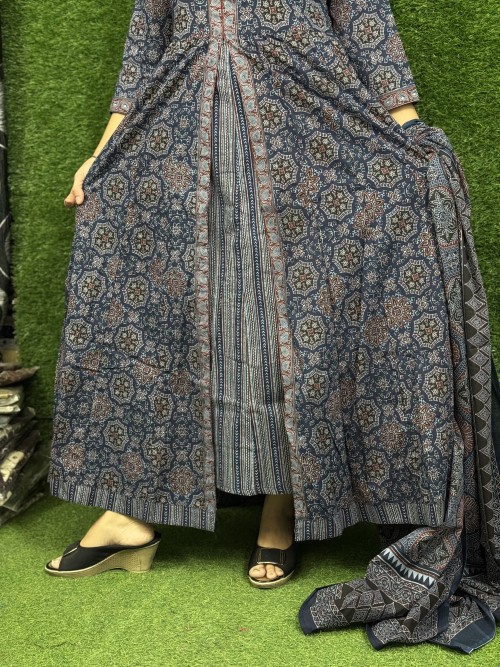 Pure Cotton Ajrak print Anarkali Style Suit in 2pc Set with Pure Cotton Dupatta - Indigo Blue