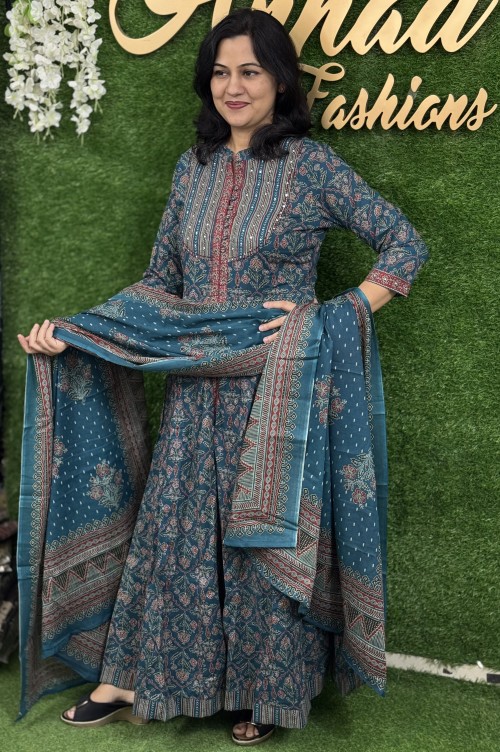 Pure Cotton Ajrak print Anarkali Style Suit in 2pc Set with Pure Cotton Dupatta - Peacock Blue