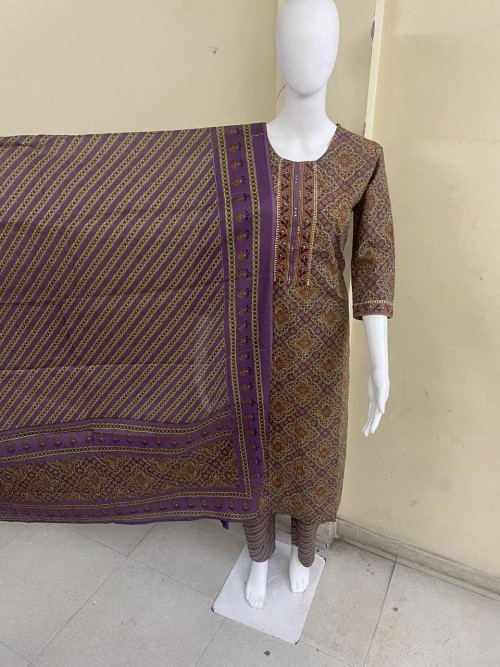 Pure Cotton Regular Pattern in 3pc Set with Straight Pant and Pure Cotton Dupatta - Grey Purple