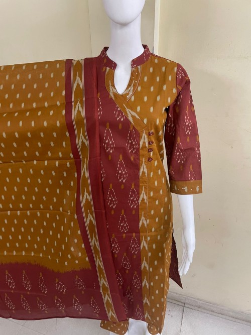 Pure Cotton Angrakha Style Suit in 3pc Set with Straight Pant and Pure Cotton Dupatta - Mustard Red