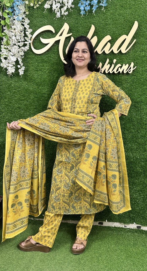 Pure Cotton Regular Pattern in 3pc Set with Straight Pant and Pure Cotton Dupatta - Mustard Yellow