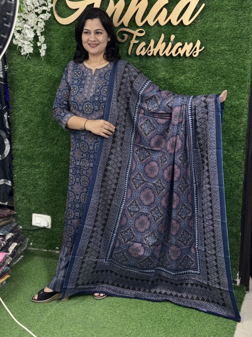 Pure Cotton Regular Pattern in 3pc Set with Straight Pant and Pure Cotton Dupatta - Indigo