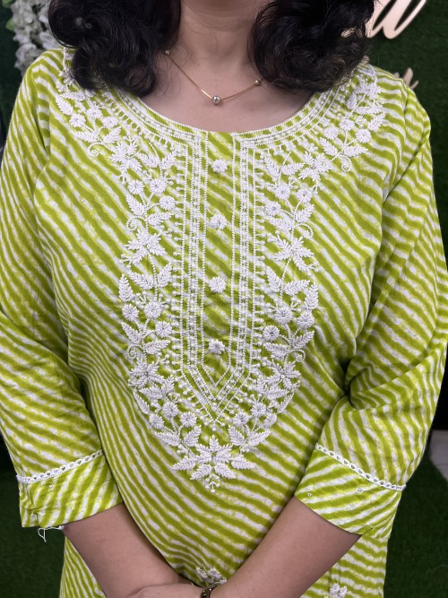 Pure Cotton Kurti Straight Style Lehriya Pattern - Neon