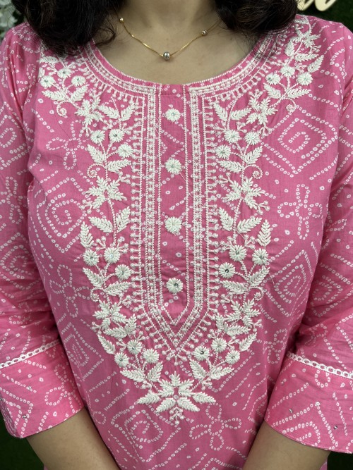 Pure Cotton Kurti Straight Style Bandhni Print- Light Pink