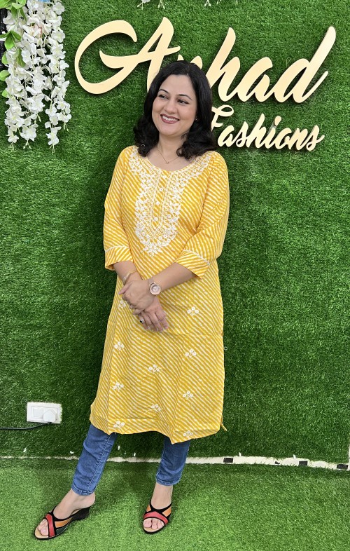 Pure Cotton Kurti Straight Style Lehriya Pattern - Yellow