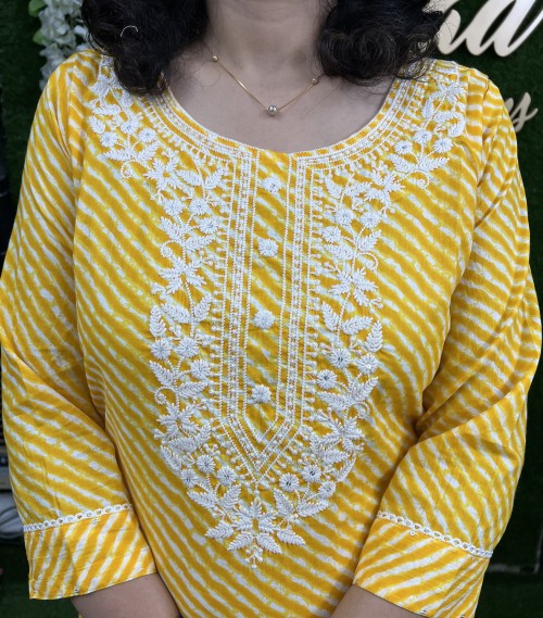 Pure Cotton Kurti Straight Style Lehriya Pattern - Yellow