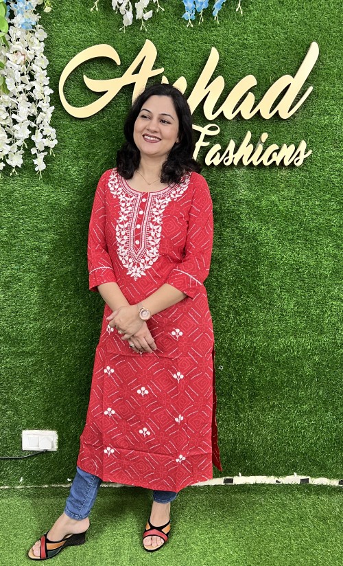 Pure Cotton Kurti Straight Style Bandhni Pattern - Red