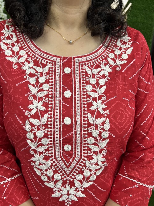 Pure Cotton Kurti Straight Style Bandhni Pattern - Red