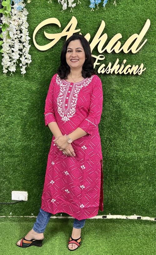 Pure Cotton Kurti Straight Style Bandhni Pattern - Rani Pink