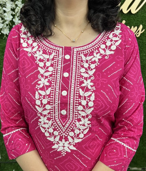 Pure Cotton Kurti Straight Style Bandhni Pattern - Rani Pink