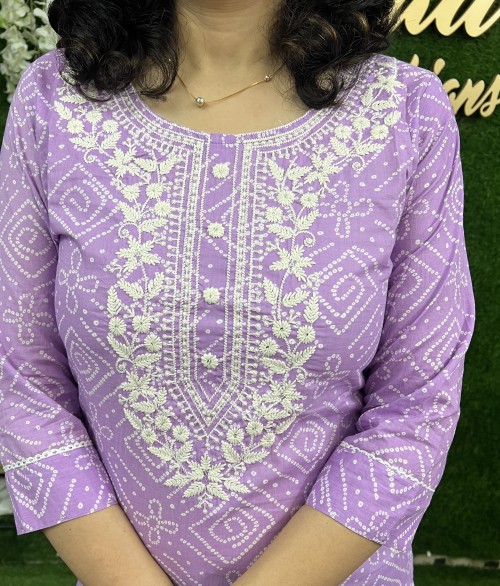 Pure Cotton Kurti Straight Style Bandhni Pattern - Lilac