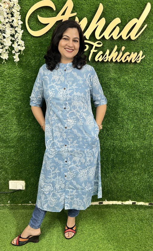 Pure Cotton Kurti A lIne Pattern Princess Cut - Sky Blue