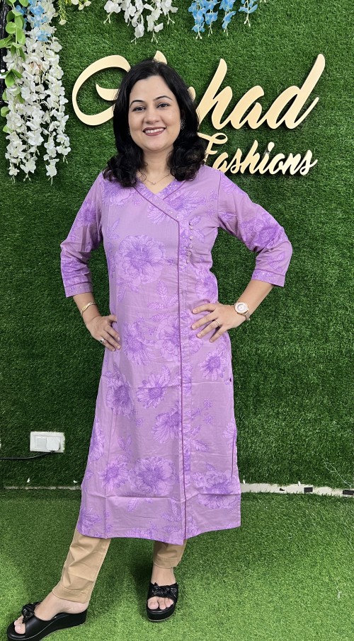 Pure Cotton Kurti Angrakha Style Straight Pattern - Purple