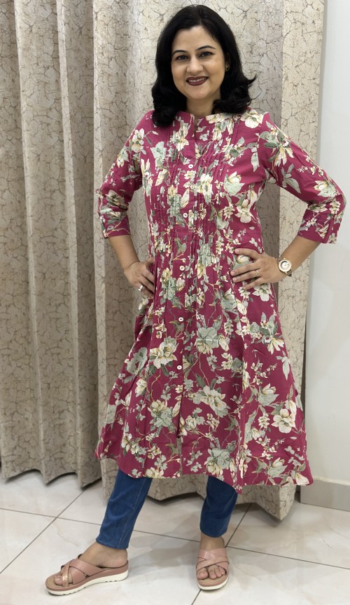 Pure Cotton Kurti A lIne Pattern Pintex Floral Print - Pinkish Wine