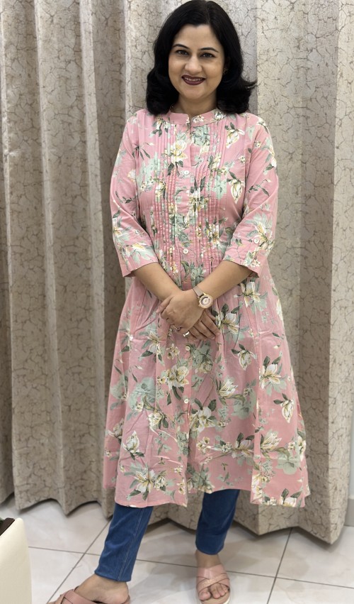 Pure Cotton Kurti A lIne Pattern Pintex Floral Print - Onion Pink