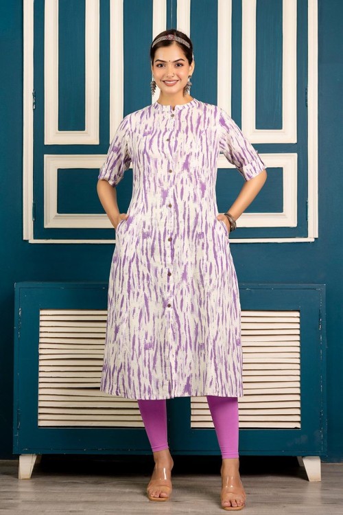 Pure Cotton Kurti A lIne Pattern Princess Cut - Lavender