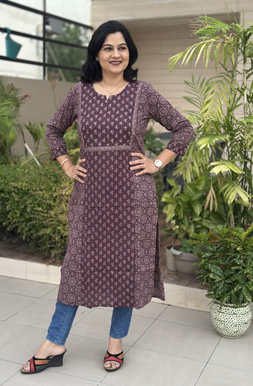 Pure Cotton Kurti in Straight Kantha Fabric Multi Print - Wine