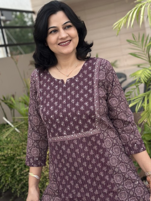 Pure Cotton Kurti in Straight Kantha Fabric Multi Print - Wine