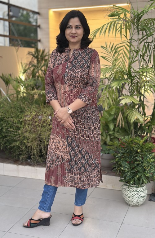 Pure Cotton Kurti in Straight Kantha Fabric Multi Print - Multi