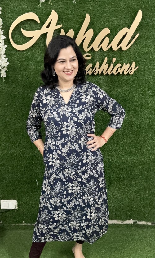 Pure Cotton Kurti in Collar Pattern Kalamkari Print - Indigo