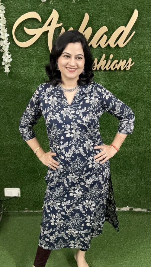 Pure Cotton Kurti in Collar Pattern Kalamkari Print - Indigo