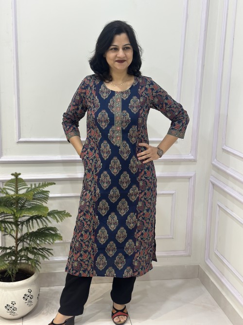 Pure Cotton Kurti in Straight Pattern Kalamkari Double Panel Print - Royal Blue