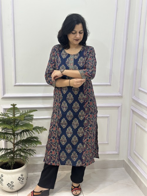 Pure Cotton Kurti in Straight Pattern Kalamkari Double Panel Print - Royal Blue